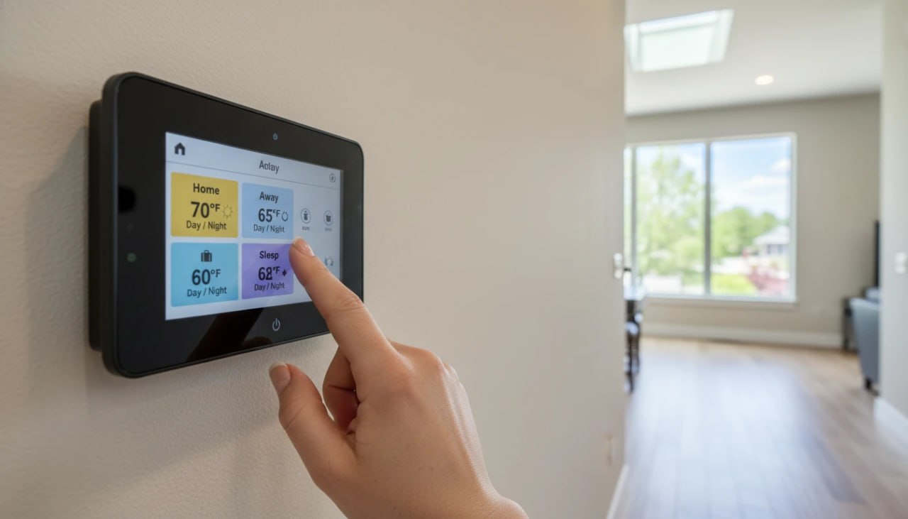 Homeowner programming a smart thermostat schedule for spring heating and cooling efficiency