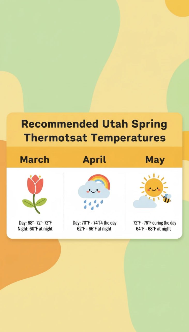 Utah spring thermostat settings chart with recommended temperatures for March, April, and May