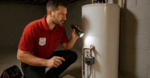 Licensed plumber inspecting residential water heater in Utah basement to determine repair vs replacement
