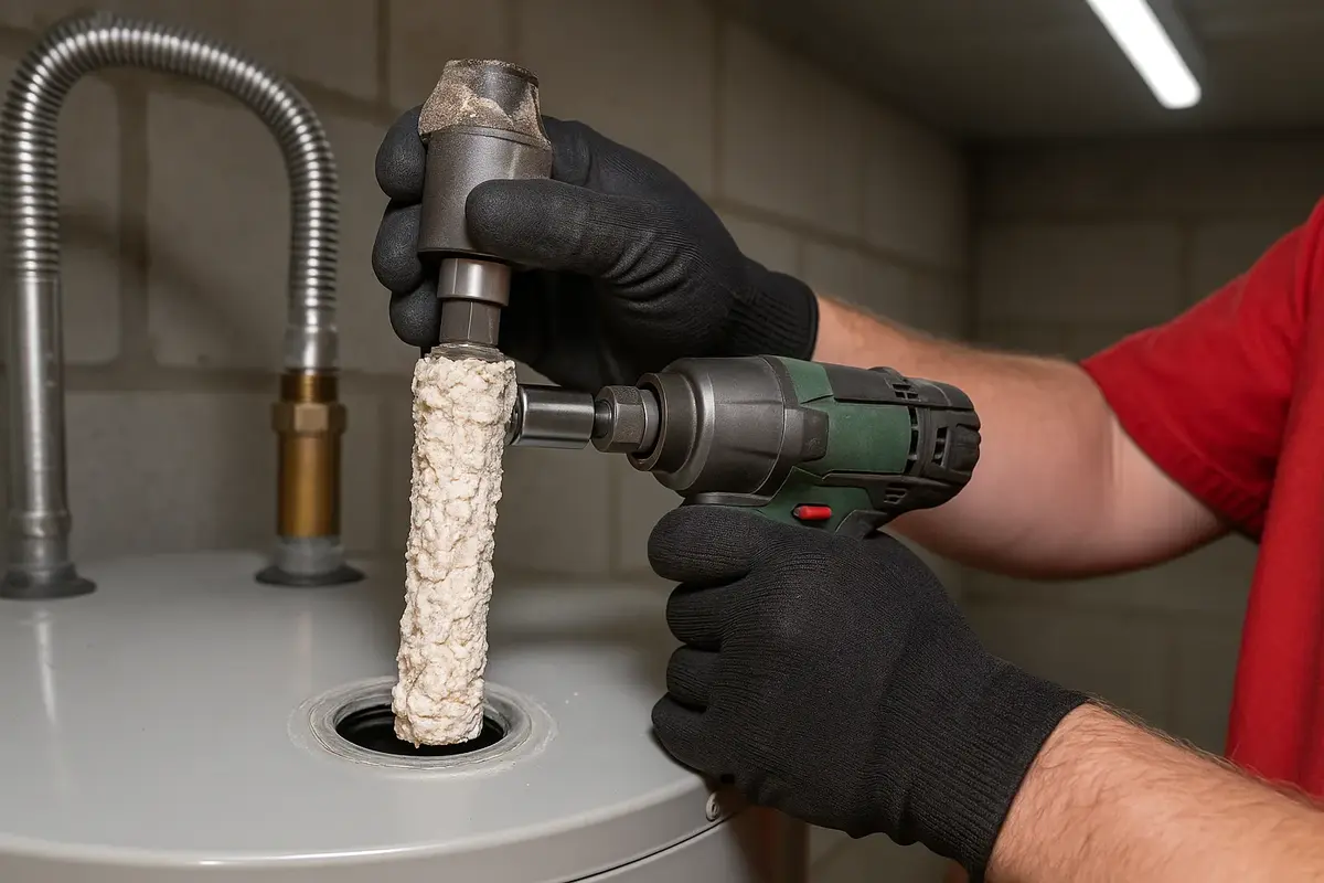 Plumber removing corroded anode rod from water heater tank during maintenance service in Utah