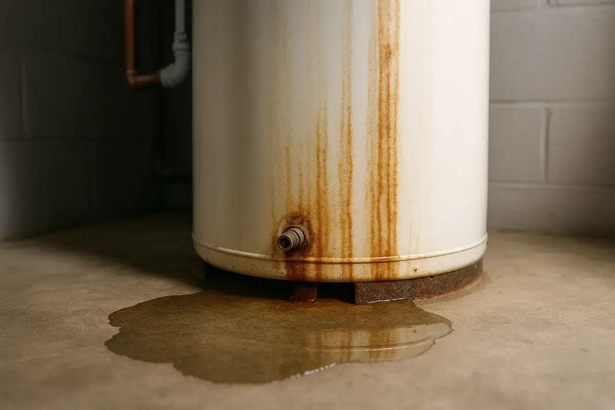 Water heater tank with visible leak at base showing rust stains and water damage requiring immediate replacement