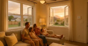 Whole house fan installation in residential attic with Wasatch mountains visible through vent opening