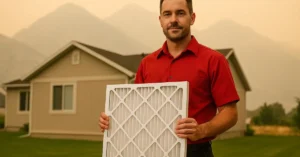 HVAC technician holding MERV 13 air filter with smoky Wasatch mountains visible in background