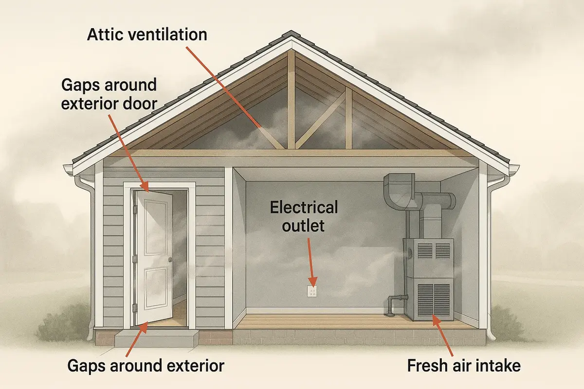 Diagram showing wildfire smoke entering Utah home through doors, outlets, HVAC intake, and attic vents