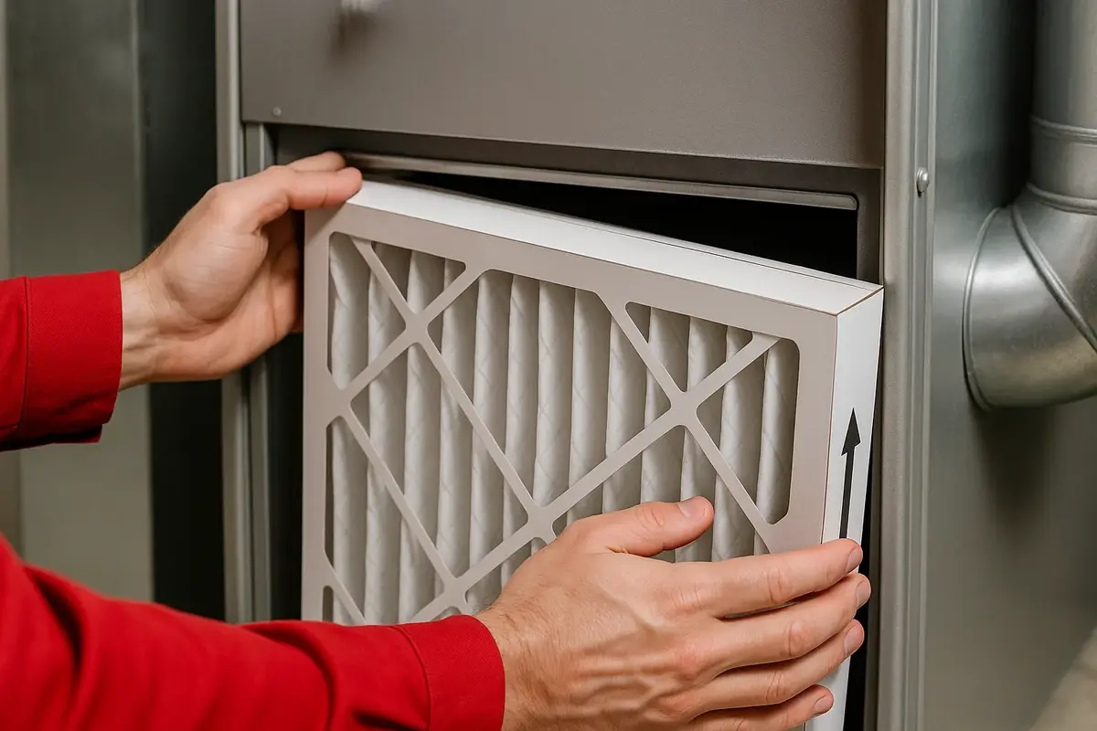 Technician installing pleated MERV 13 air filter into furnace return vent with directional arrow visible