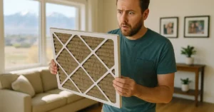 Heavily dust-clogged AC filter with gray-brown Great Salt Lake dust buildup held against light