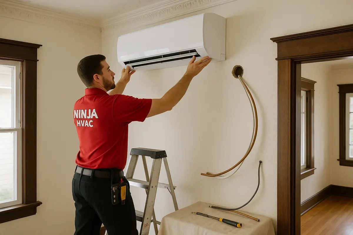 HVAC technician installing wall-mounted mini-split unit in 1920s bungalow preserving plaster walls