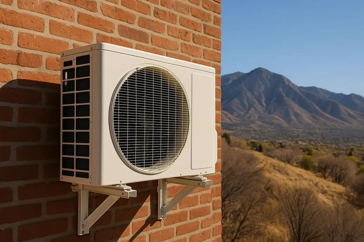 Mini-split outdoor unit installation on historic Utah home with Wasatch Mountains showing altitude context
