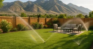 Residential secondary water irrigation system with sprinkler control box and Wasatch mountains in Utah