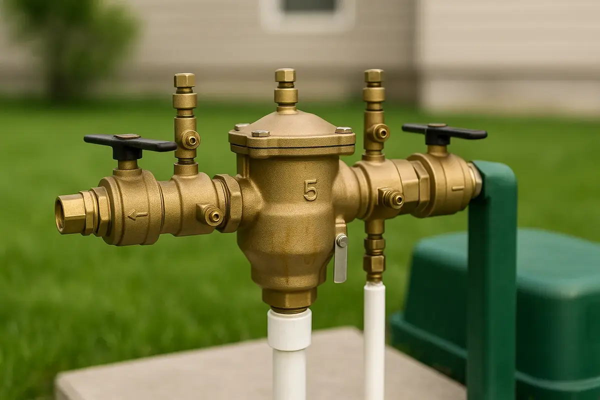 RPZ backflow preventer device with brass check valves mounted above ground in Utah residential yard