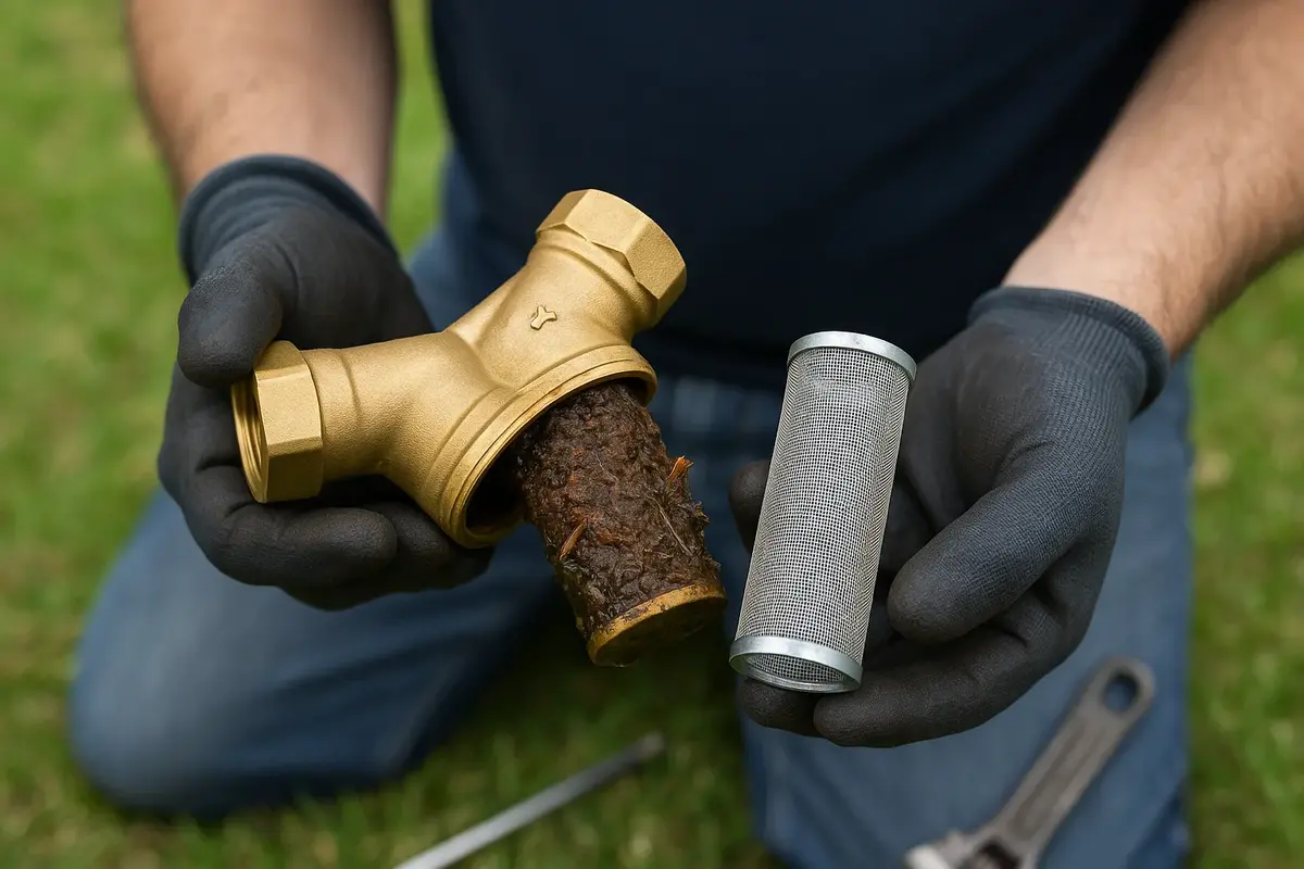 Plumber servicing clogged secondary water filter showing brown sediment buildup in Utah yard