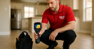 Licensed plumber using thermal imaging camera to detect slab leak beneath concrete floor in Utah home