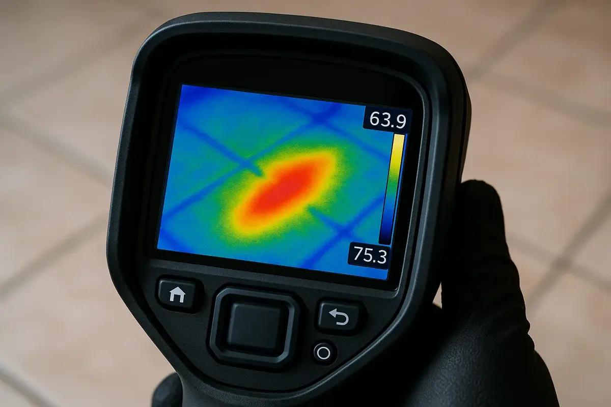 Thermal imaging camera display showing warm floor spot indicating slab leak beneath concrete