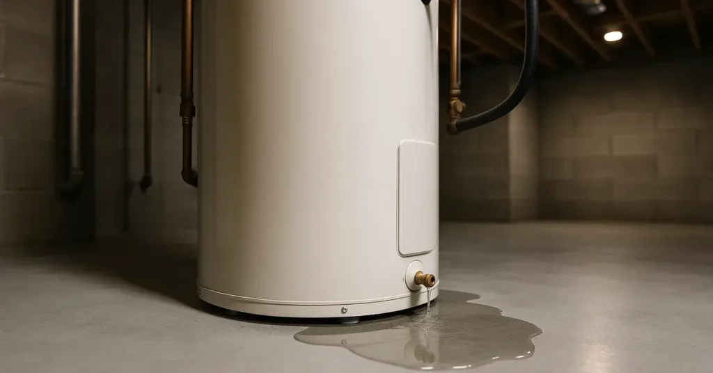 Residential water heater with puddle of water pooling at the bottom on concrete floor