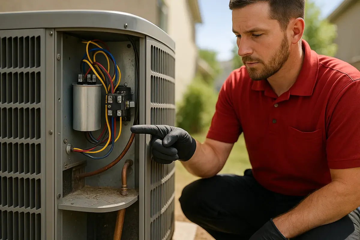HVAC technician pointing to a dual-run capacitor inside an open AC condenser cabinet