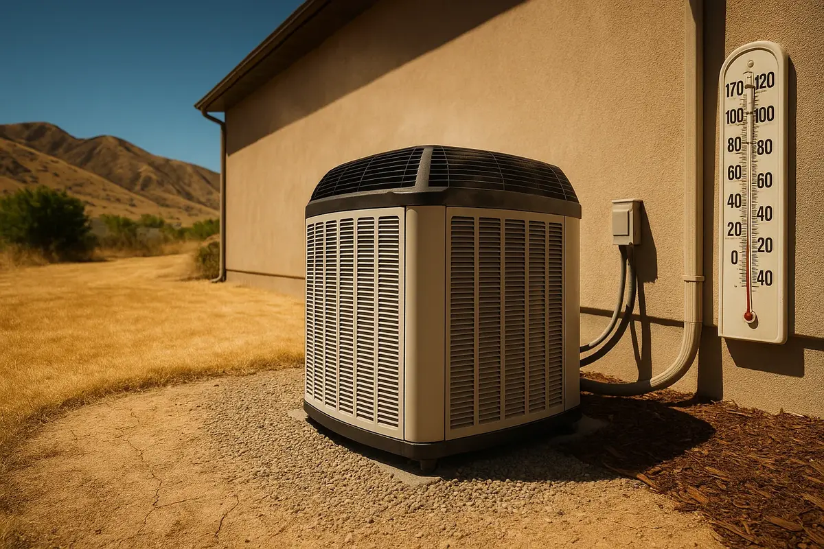 Residential AC condenser in full direct sun against a Utah home with dry foothills behind