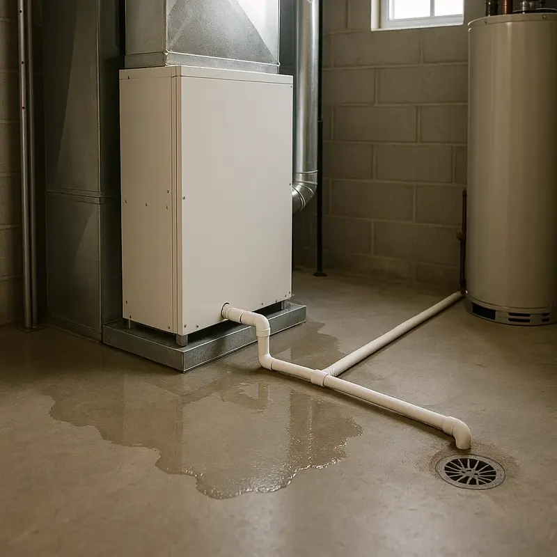 Water pooling on the concrete floor at the base of a basement AC air handler with the white PVC condensate drain line running to a floor drain