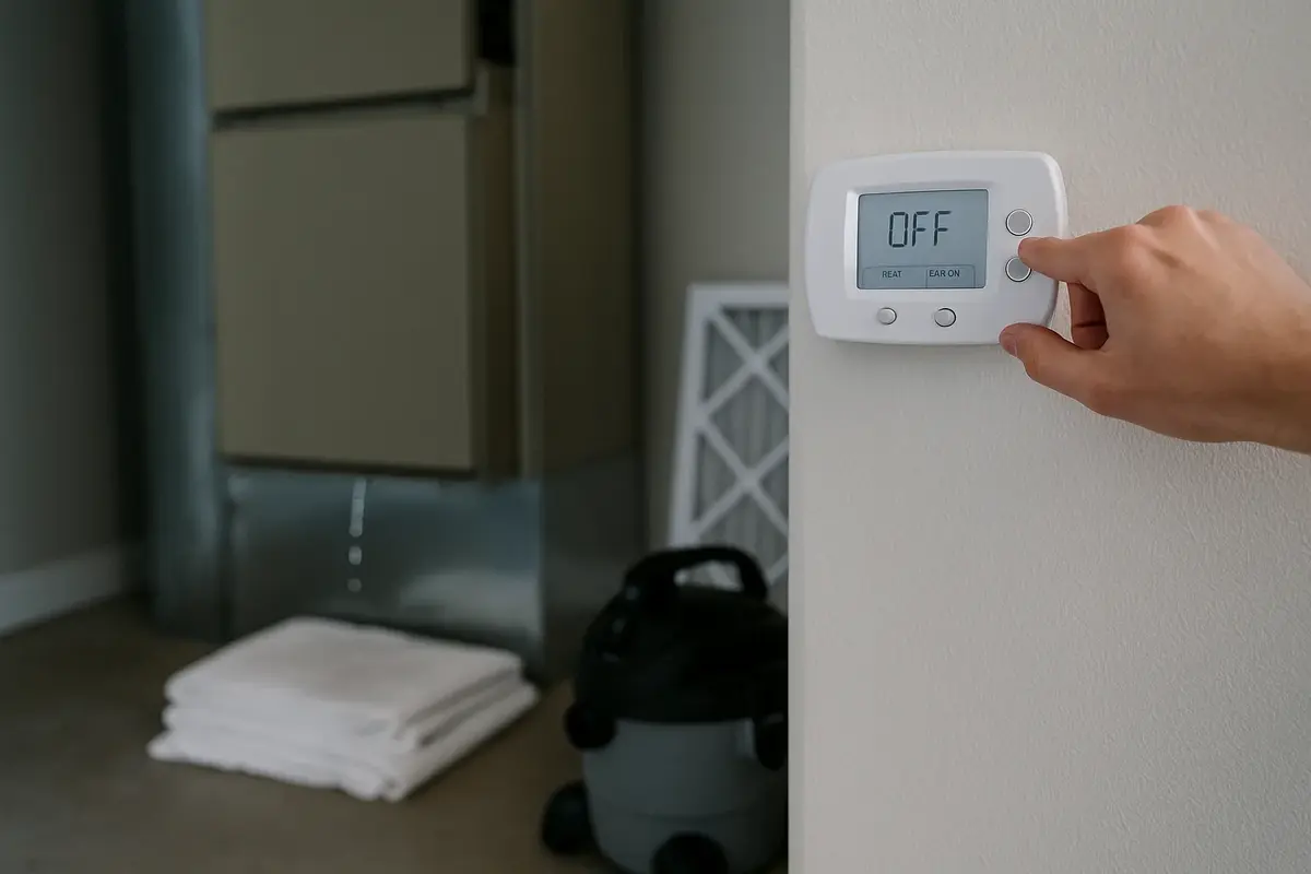 Thermostat set to OFF and fan ON with towels around an air handler to thaw a frozen AC coil