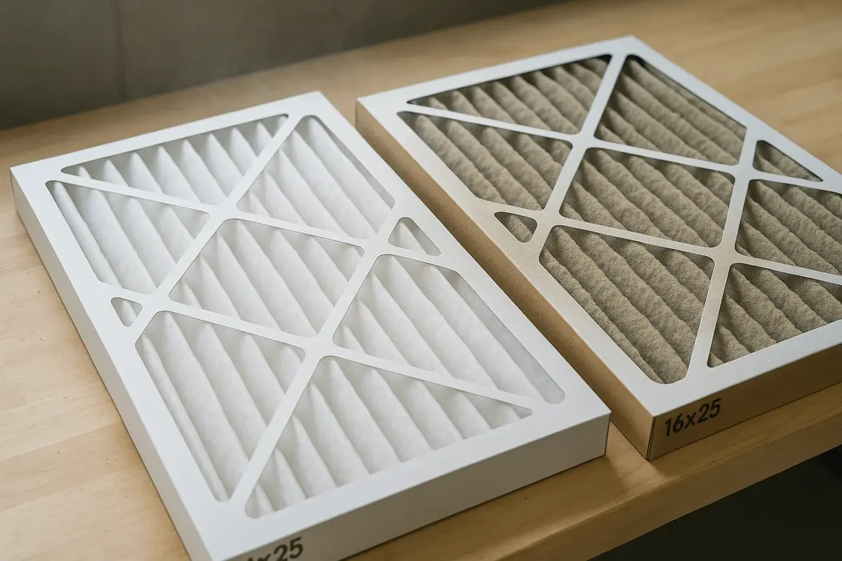 Clean air filter beside a gray dust-clogged filter that starves a Utah AC coil and causes freezing