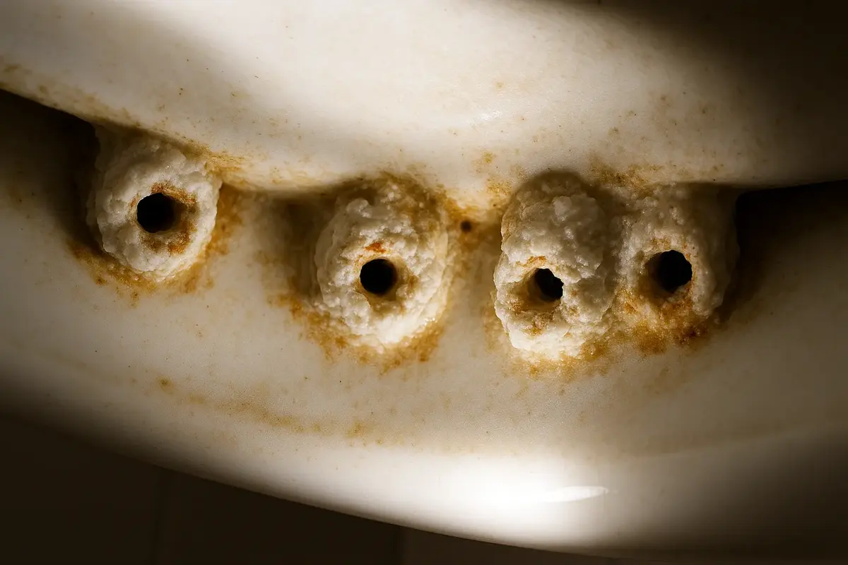 Toilet rim jets clogged with white calcium mineral deposits from Utah hard water