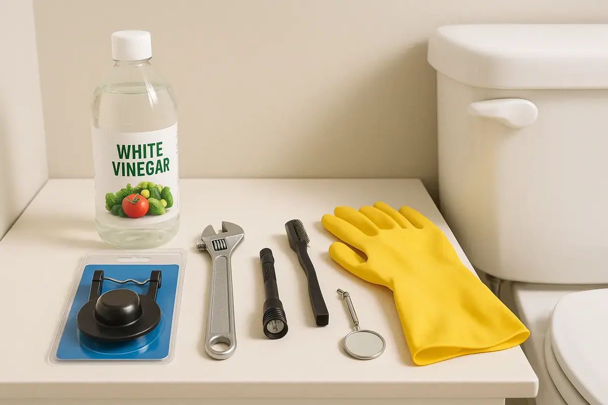 Toilet repair supplies including vinegar, flapper valve, wrench, and brush for DIY fixes