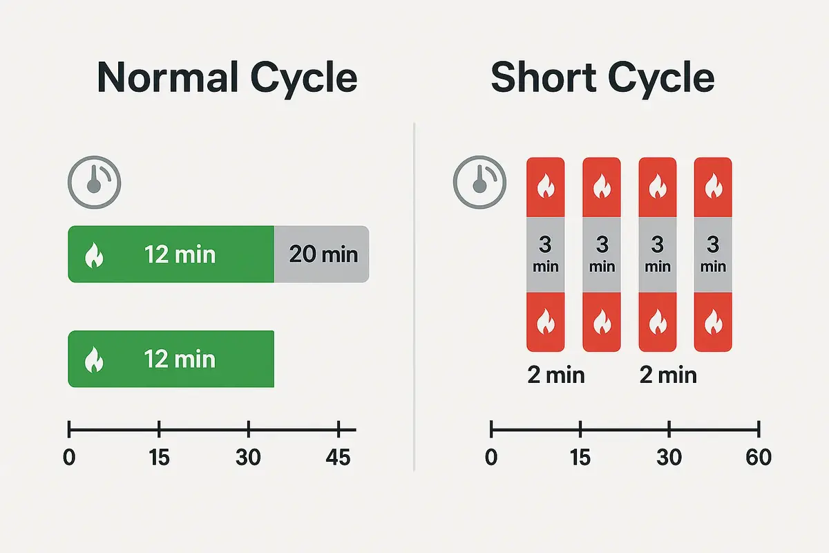 Normal furnace cycle timeline compared to short cycling pattern showing timing differences