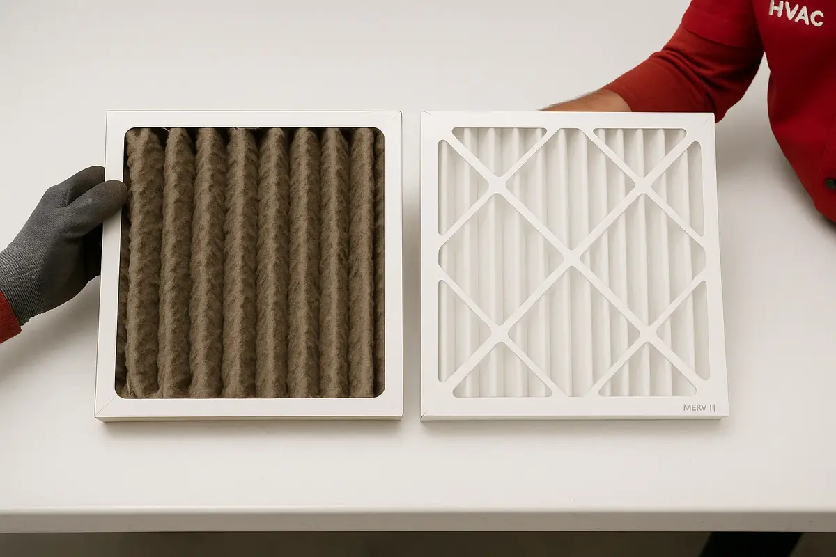 Dirty clogged furnace filter next to clean filter showing Utah dust buildup