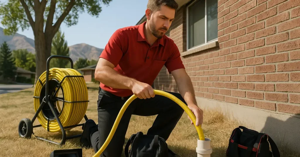 Plumber feeding a hydro jetting hose into a sewer cleanout at an older Salt Lake City home