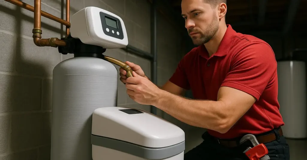 Licensed plumber installing salt-based water softener in Utah basement