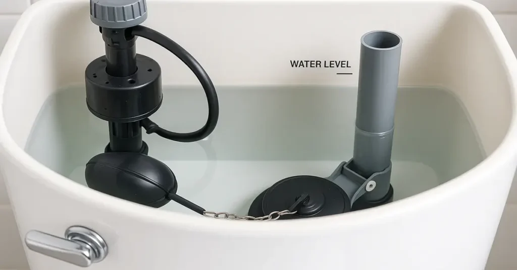 Open toilet tank showing flapper valve, fill valve, and water level for troubleshooting weak flush