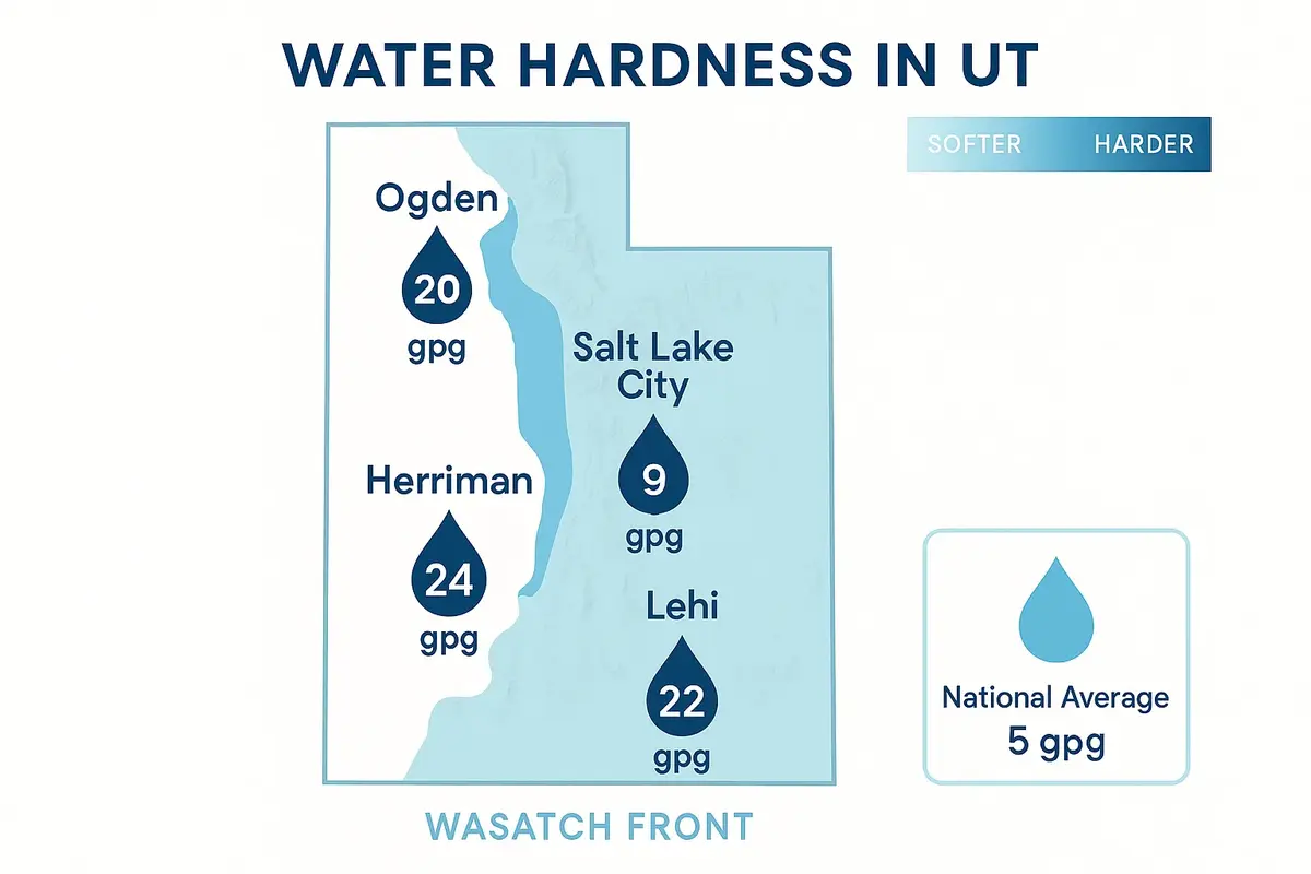 Water hardness test strip showing 22 grains per gallon in Utah tap water
