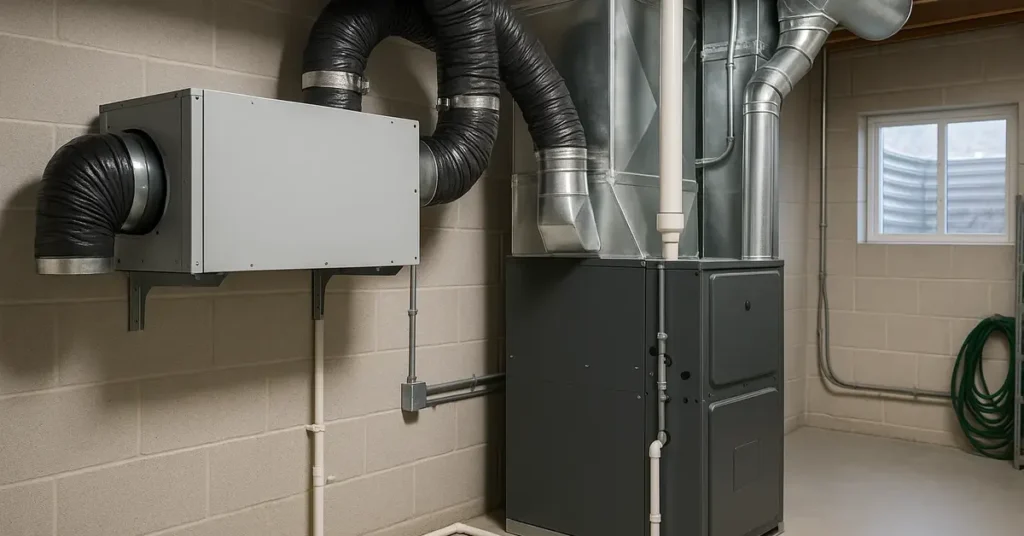 Whole-house dehumidifier mounted beside a furnace in a finished Utah basement