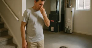 Utah homeowner reacting to a sewer smell near a basement floor drain on a hot summer day