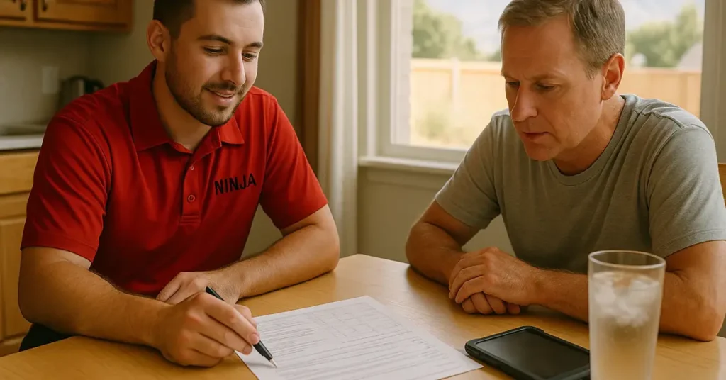 Utah homeowner and HVAC technician reviewing an AC replacement proposal at a kitchen table