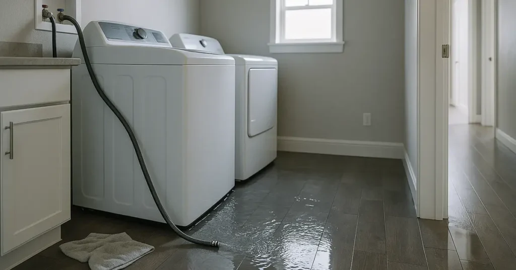 Water flooding a Utah second-floor laundry room from a burst washing machine supply hose