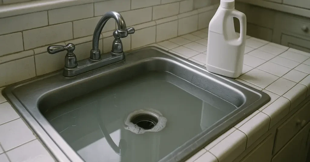 Kitchen sink full of standing gray water beside a drain cleaner bottle in an older Salt Lake City home
