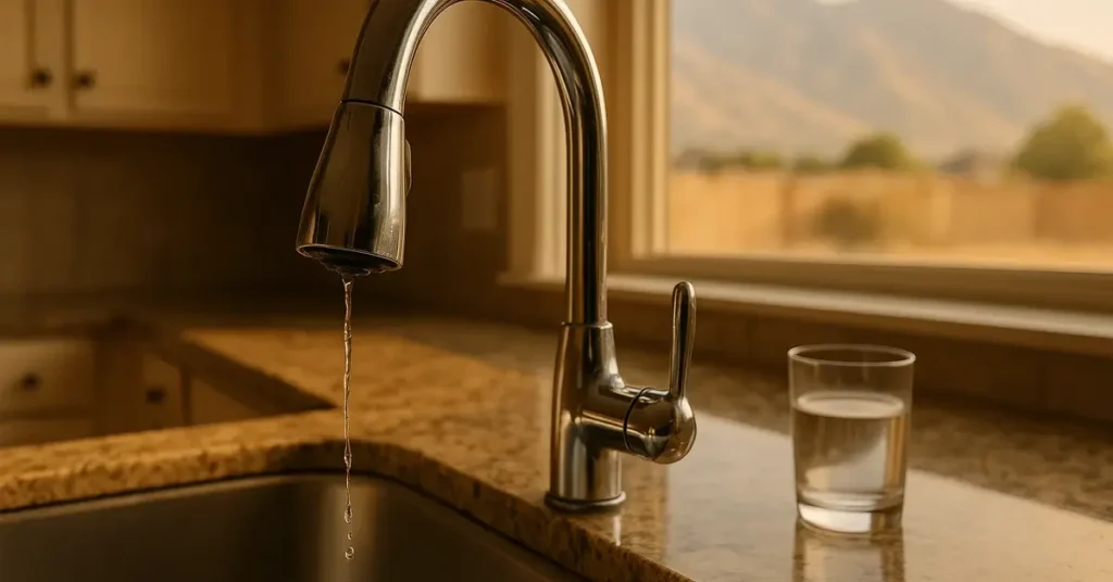 Weak water pressure trickling from a Utah kitchen faucet on a hot summer afternoon