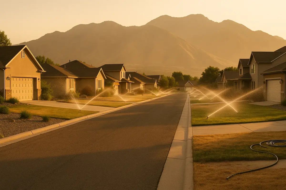 Wasatch Front suburban street with lawn sprinklers running during the 4 to 8 PM summer demand peak