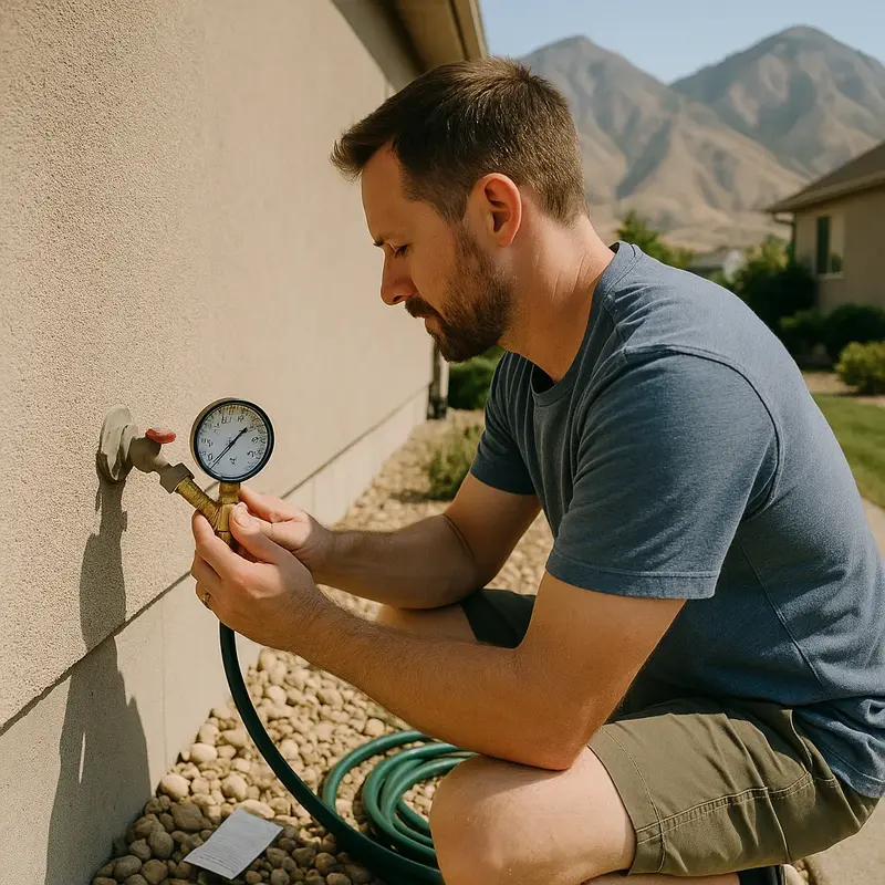Brass pressure gauge on an outdoor hose bib reading in the 40 to 60 PSI range at a Utah home