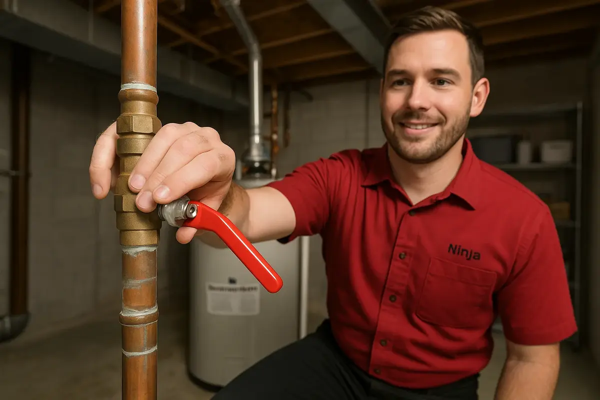 Plumber closing a red-handle main water shutoff valve near a Utah home water heater